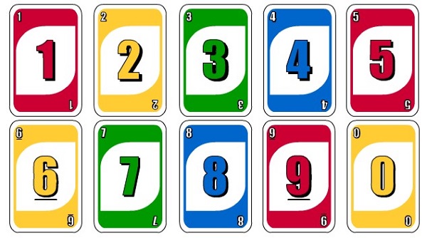19 lá bài từ 0 đến 9 dành cho mỗi màu. Có tổng cộng 4 màu: Đỏ, Xanh dương, Xanh lá và Vàng.