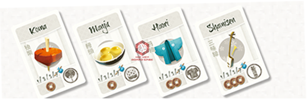 Các thẻ Souvenir được chú thích giá tiền 1 xu, 2 xu hoặc 3 xu. Chúng có thể được tính 1,3,5 hoặc 7 điểm tuỳ thuộc vào bộ sưu tập Souvenir của mỗi người chơi.